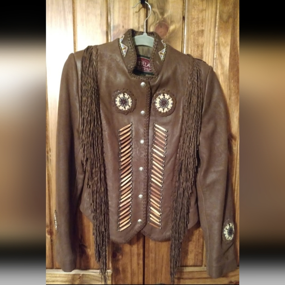 OVERLAND Brown Leather Fringe and Beaded Jacket, Like New condition, size 8